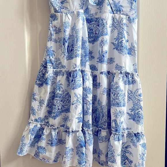 Blue and White Toile Tiered Dress with Bow Women’s M - Picture 3 of 6